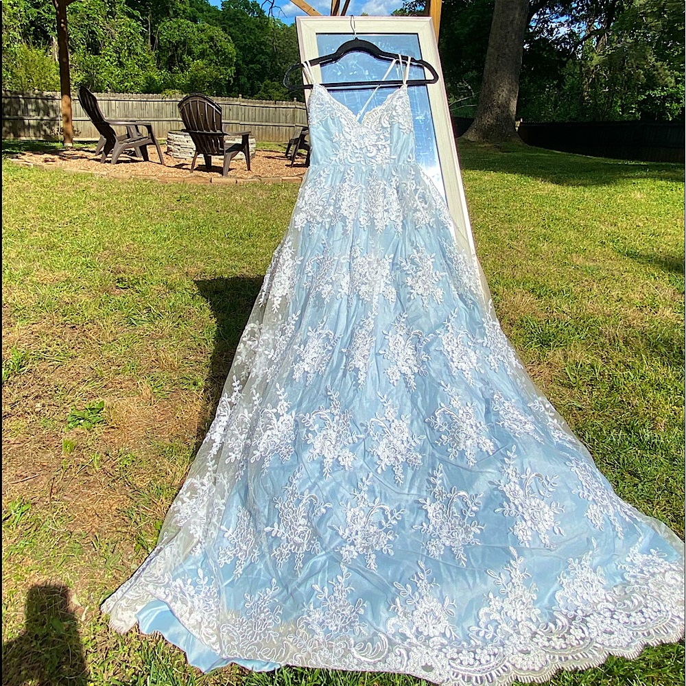 Light blue cross back lace dress. I wore this for prom
